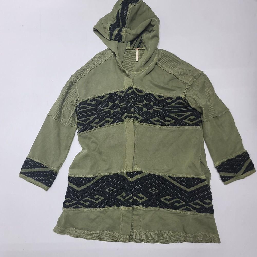Free People Oversized Hoodie Snap Button Aztec Print Olive Green Women's Small
